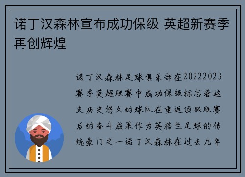 诺丁汉森林宣布成功保级 英超新赛季再创辉煌