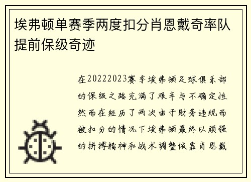 埃弗顿单赛季两度扣分肖恩戴奇率队提前保级奇迹