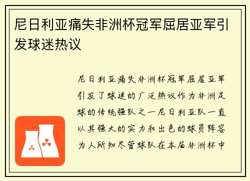 尼日利亚痛失非洲杯冠军屈居亚军引发球迷热议 尼日利亚痛失非洲杯冠军屈居亚军引发球迷热议